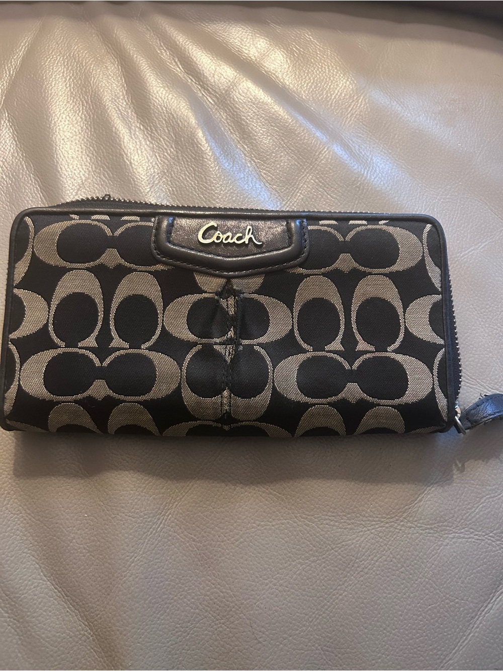 Coach Black and Tan Signature Zip Around Wallet